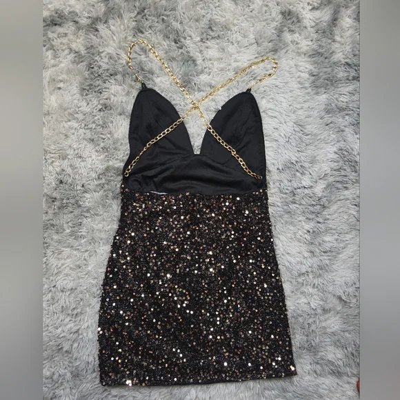 Double Crazy Black Sequin Mini Dress with Gold Straps Size Large - Picture 5 of 5